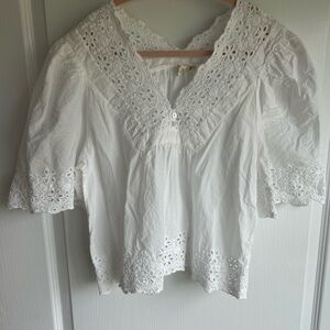 Studio West White Boho Eyelet Lace V-Neck Peasant Blouse